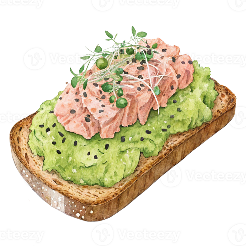 A delicious toast topped with avocado and smoked salmon. png