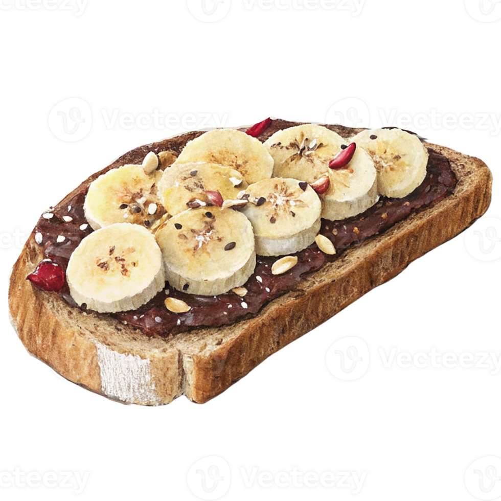 Delicious banana toast with chocolate spread on whole grain bread. png