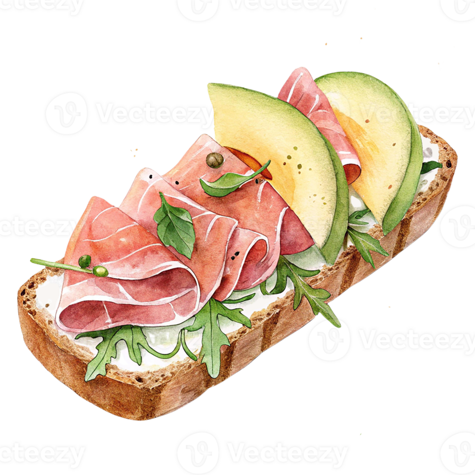 Delicious sandwich topped with ham and fresh melon slices. png