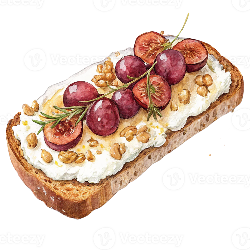 Delicious toast topped with cream, grapes, and nuts. png
