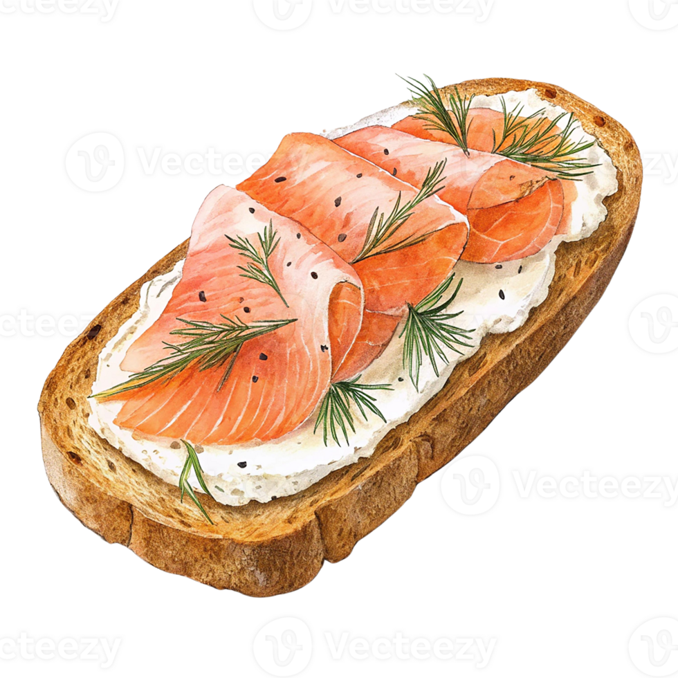 Delicious smoked salmon on toasted bread with herbs and cream. png
