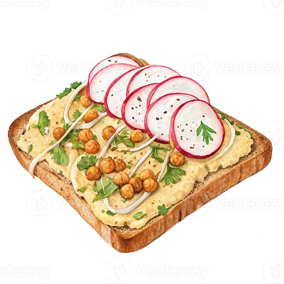 Delicious toast topped with hummus, radishes, and chickpeas. png