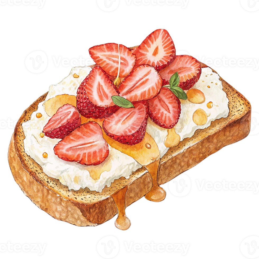 Delicious toast topped with fresh strawberries and honey drizzle. png
