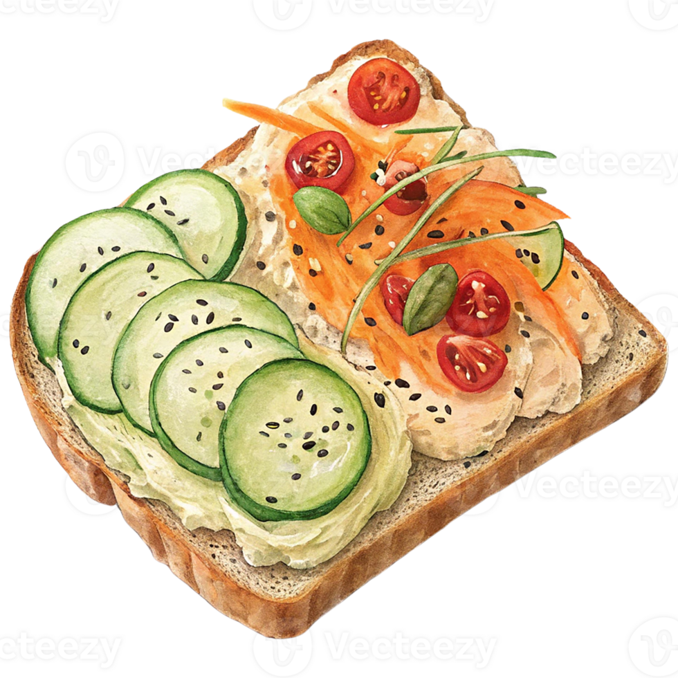 Vibrant open-faced sandwich with fresh vegetables and herbs. png