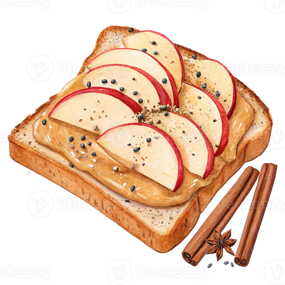 Delicious apple and peanut butter toast with cinnamon garnish. png
