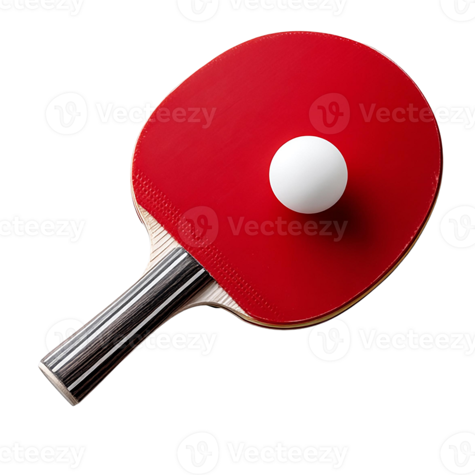 Close-up of a red ping pong paddle with a white ball on top. png