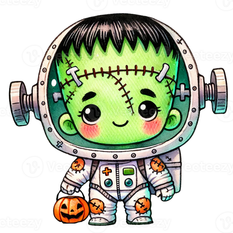 Adorable cartoon Frankenstein in a spacesuit for Halloween fun. png