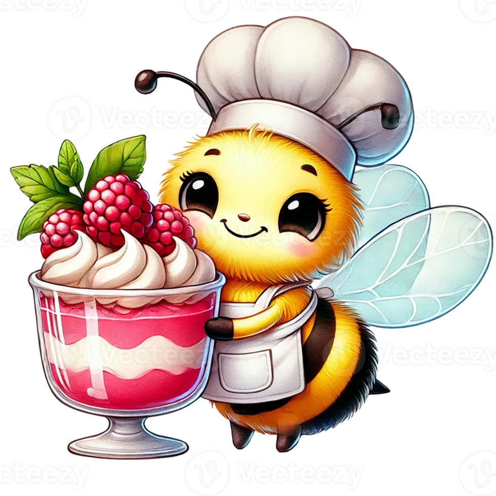 Cute cartoon bee chef holding a delicious raspberry dessert. png