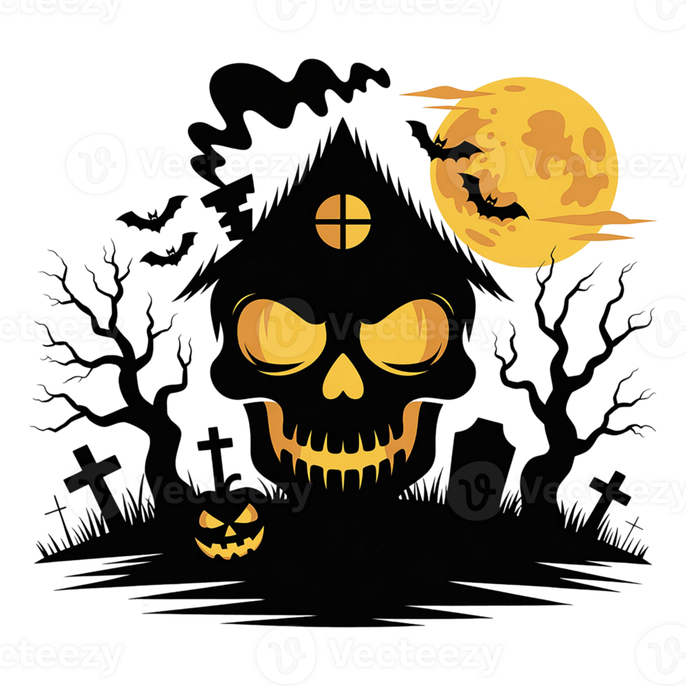 A spooky skull illustration with a haunted house and full moon. png