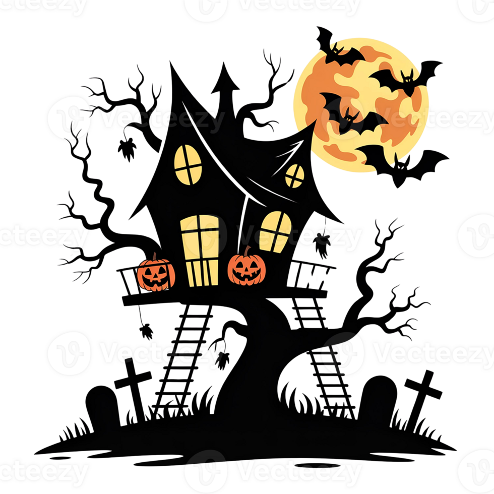 Spooky haunted house with pumpkins and bats under a full moon. png