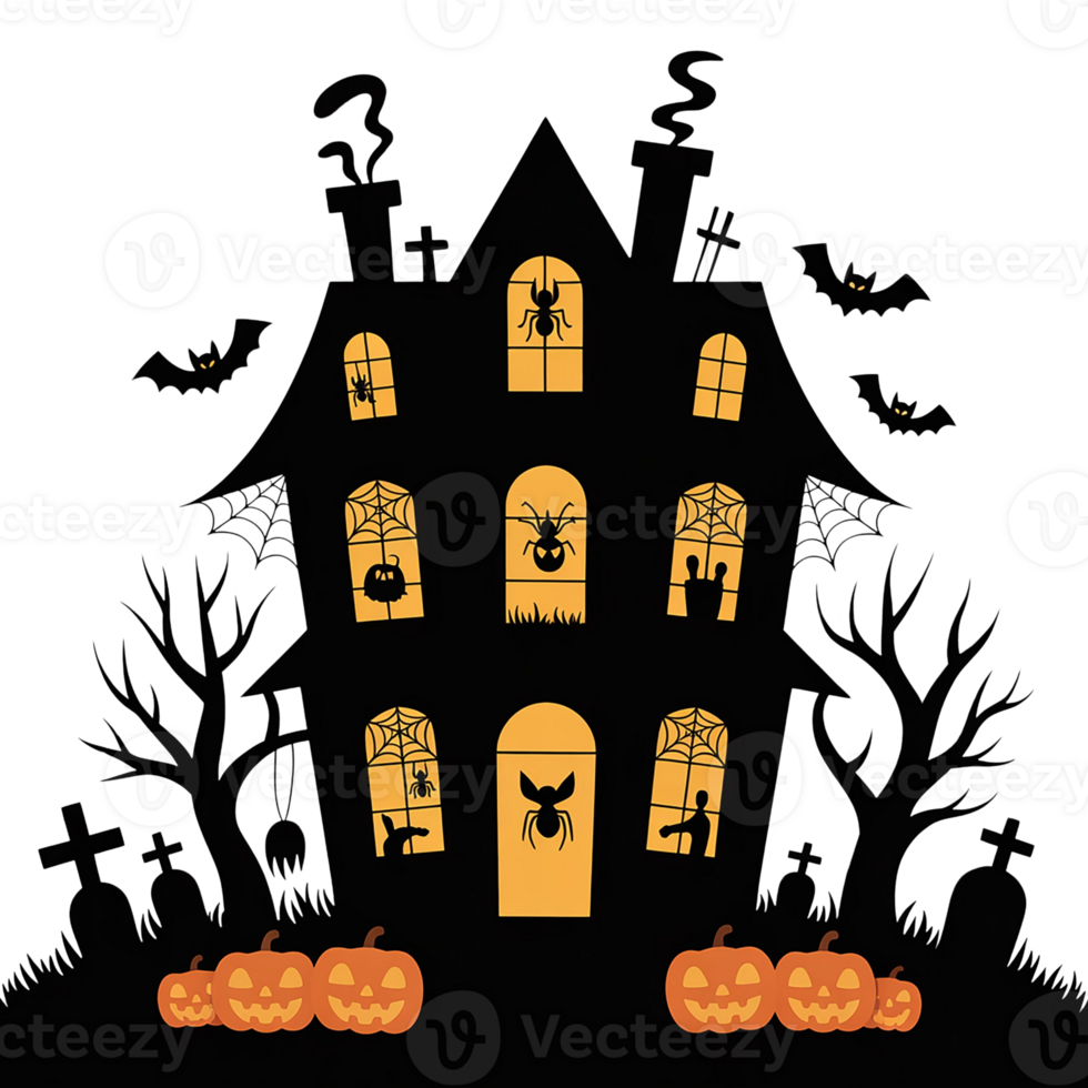 A spooky haunted house decorated for Halloween with pumpkins. png