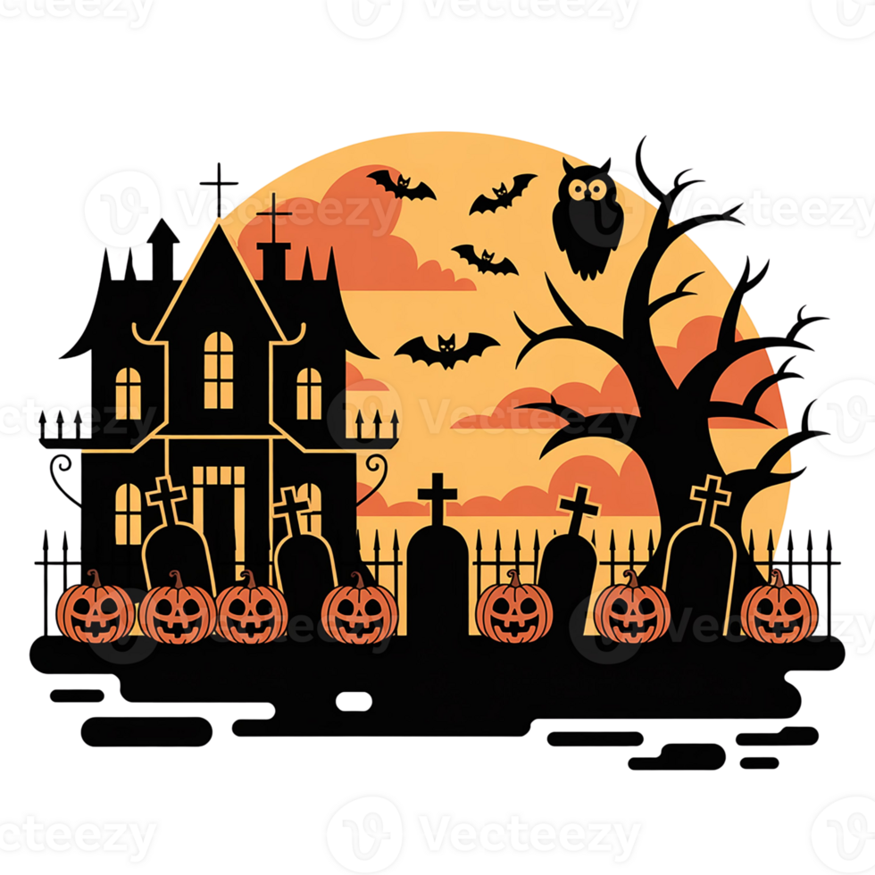 Spooky Halloween scene with haunted house and carved pumpkins. png