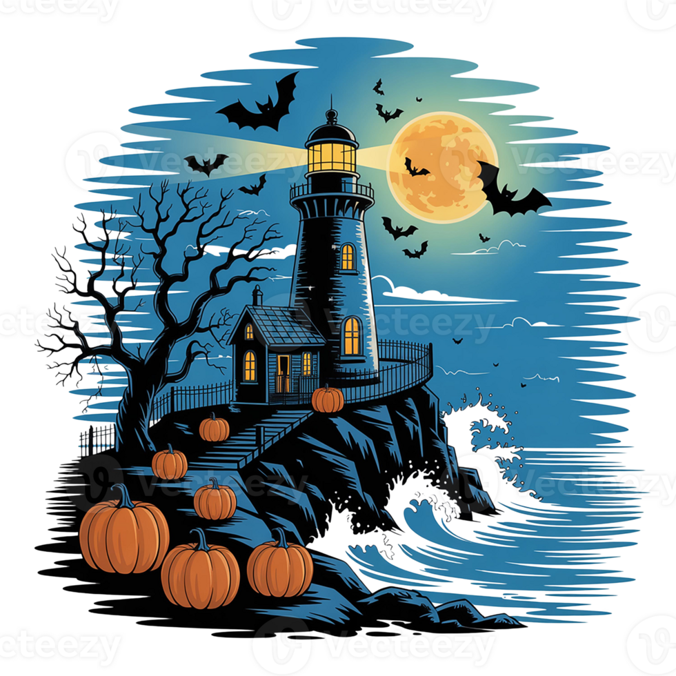 A spooky lighthouse scene with bats, pumpkins, and a full moon. png
