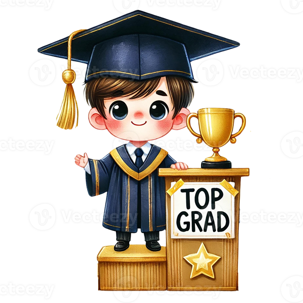 Cute cartoon graduate celebrating academic achievement. png