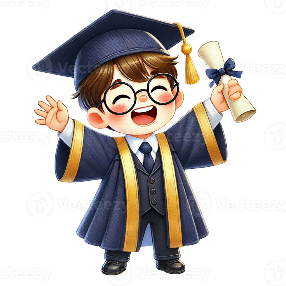 Happy boy celebrating graduation with a diploma and cap. png