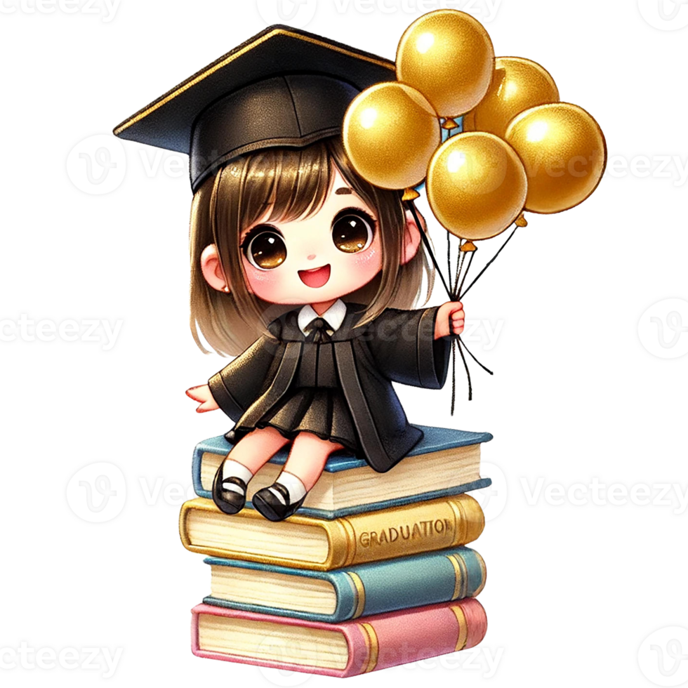 A cheerful graduate holding balloons atop a stack of books. png