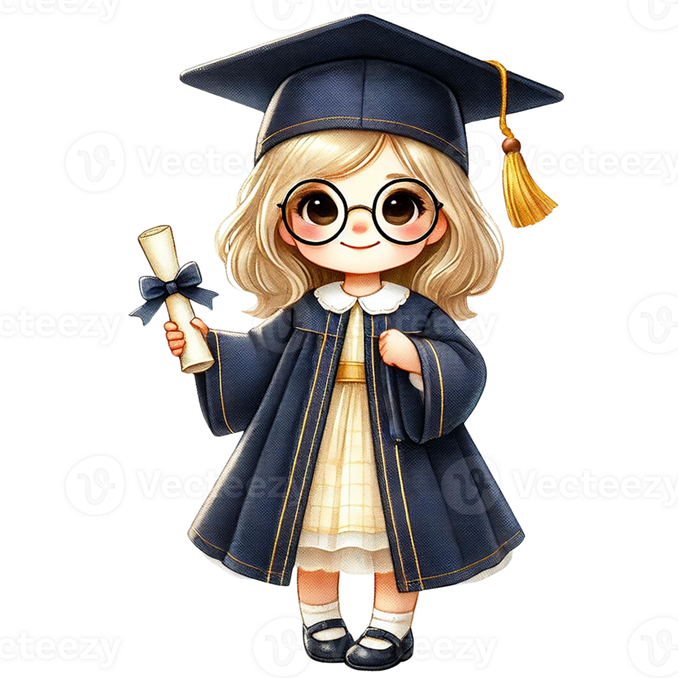 Cute graduate girl holding diploma in cap and gown with glasses. png