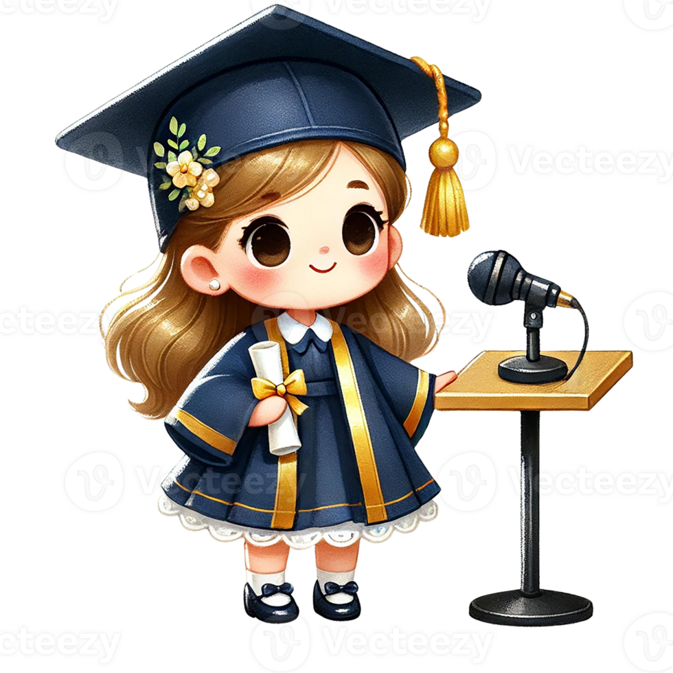 Cute animated girl in graduation gown at a microphone. png