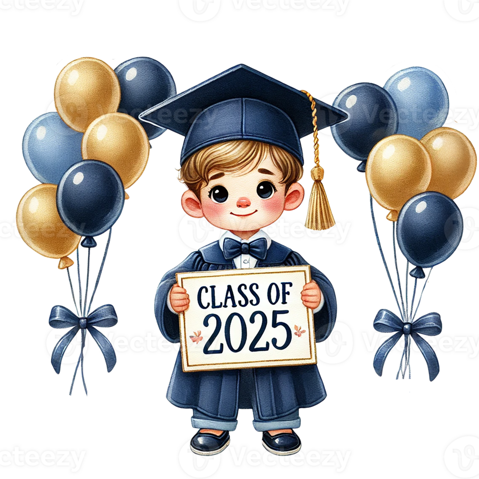 Cheerful graduate boy holding a 'Class of 2025' sign. png