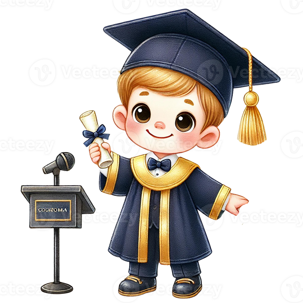 Cheerful graduate boy holding diploma at graduation ceremony. png