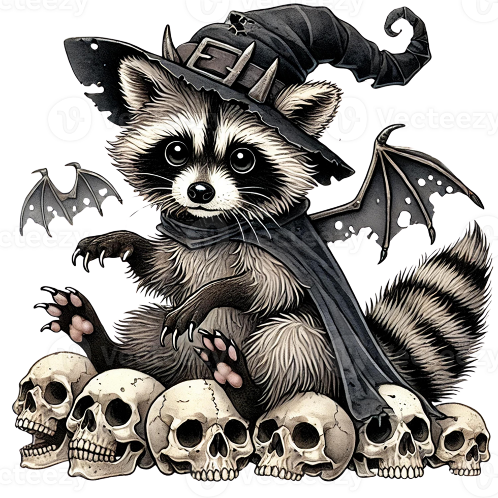 A cute raccoon dressed as a wizard with skulls and bats. png