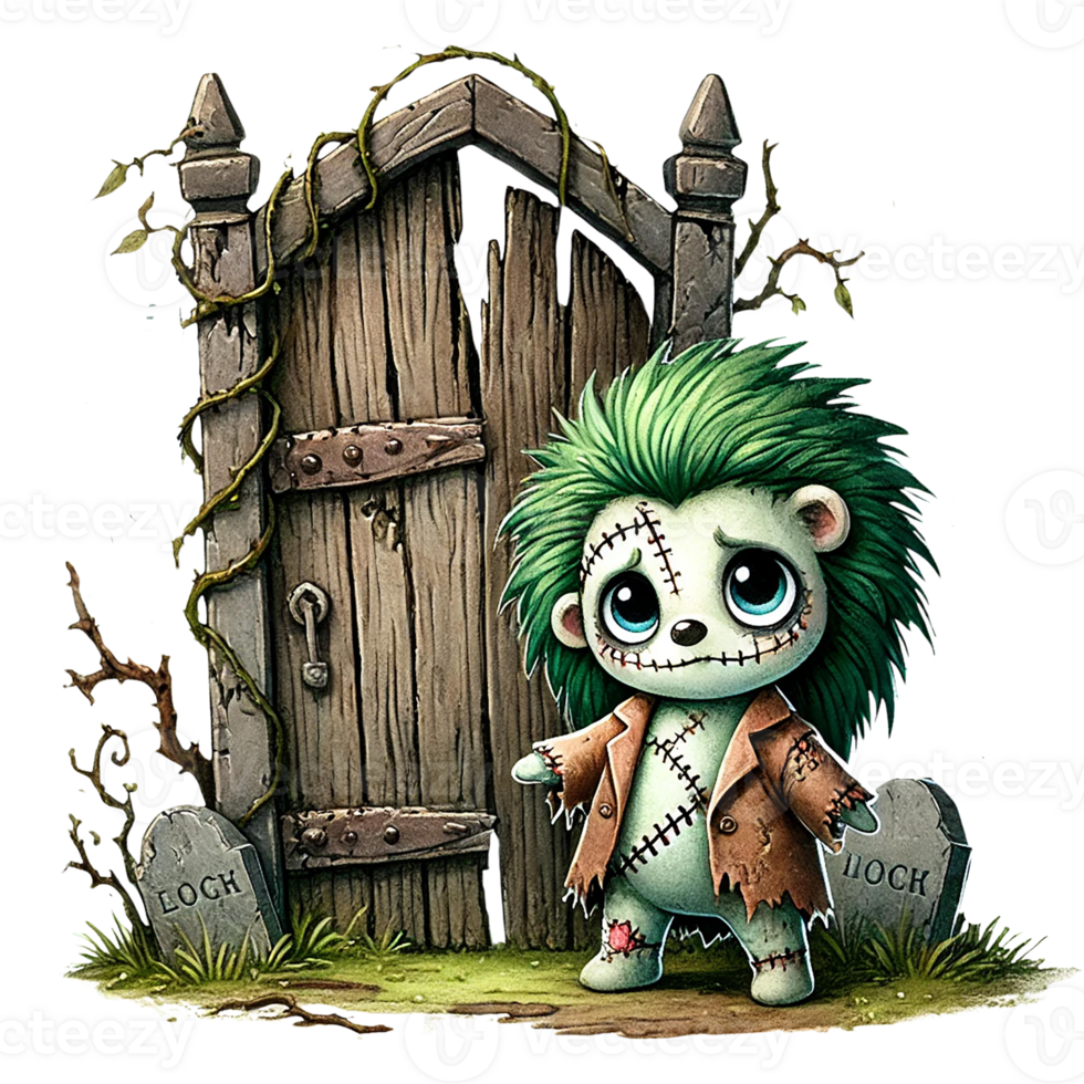 Whimsical zombie hedgehog character by a spooky graveyard gate. png