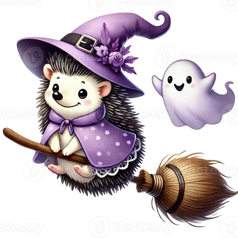 A charming hedgehog in a witch hat riding a broom with a ghost. png