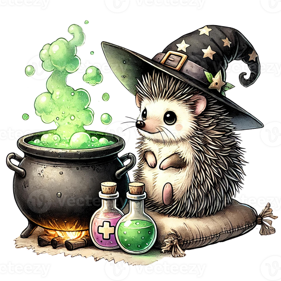 A cute hedgehog in a wizard hat brewing potions in a cauldron. png