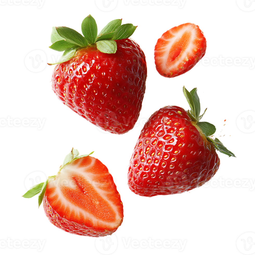 Fresh Ripe Strawberries Cut and Whole on Transparent Background Perfect for Design png