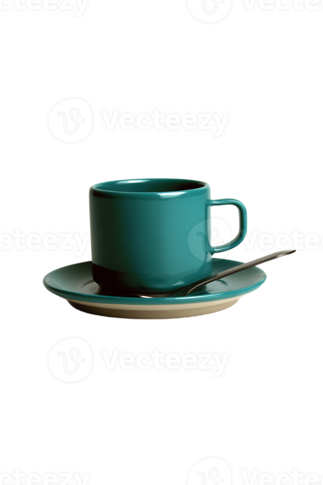 Isolated Teal Colored Ceramic Tea Cup with a Spoon on Transparent Background png
