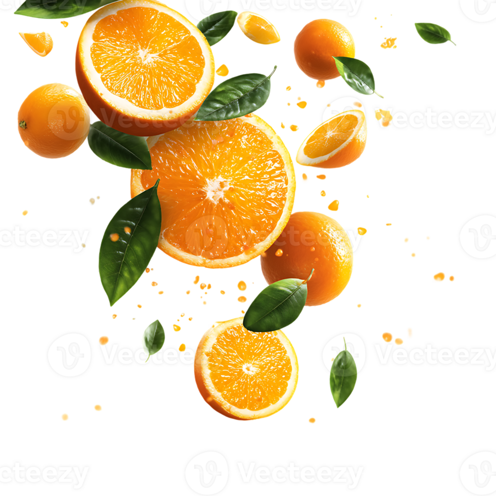 Fresh Oranges and Green Leaves Beautiful Floating Composition on Transparent Background png