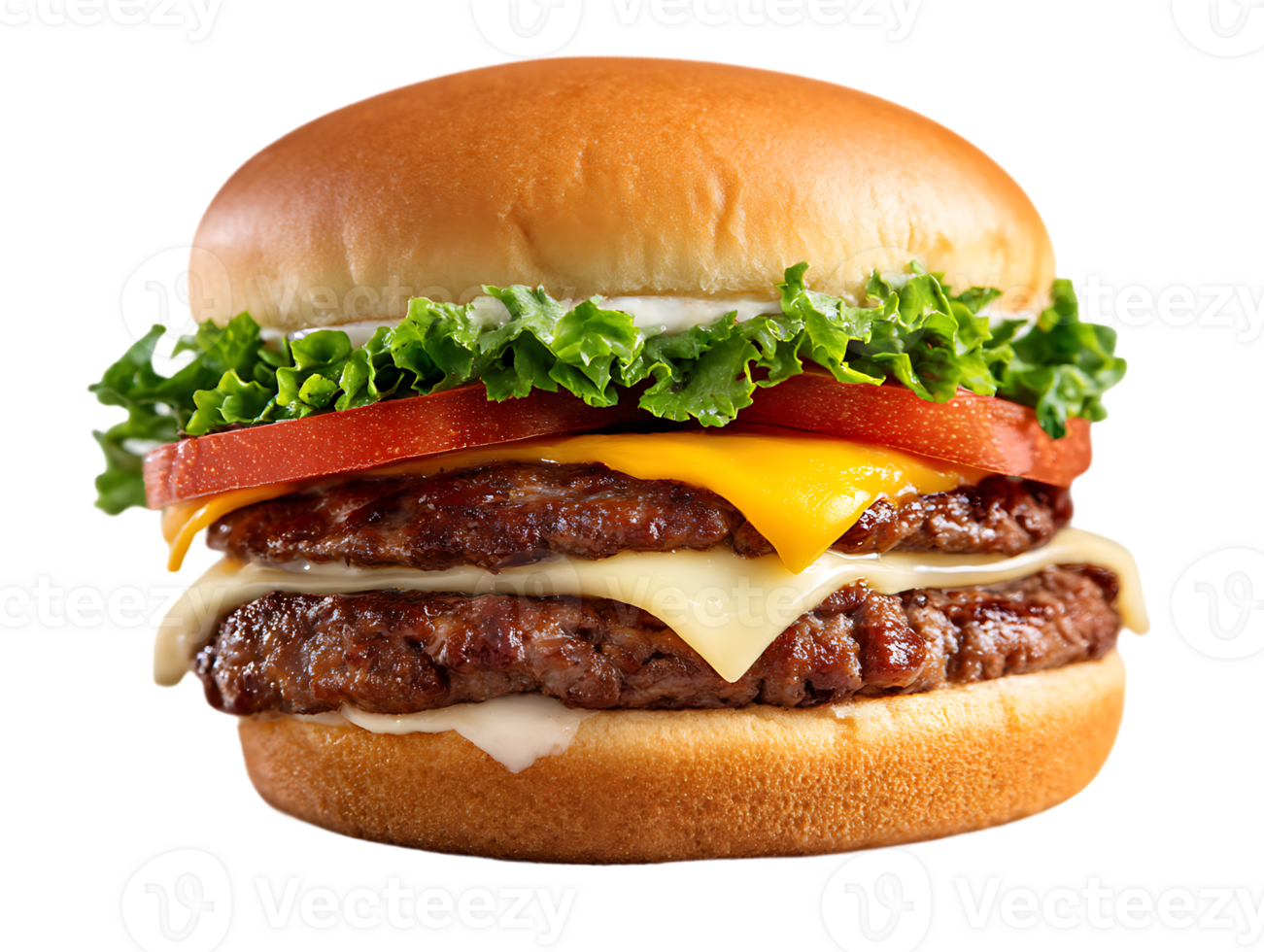 Delicious Double Patty Burger with Cheese Lettuce and Tomato on a Bun png