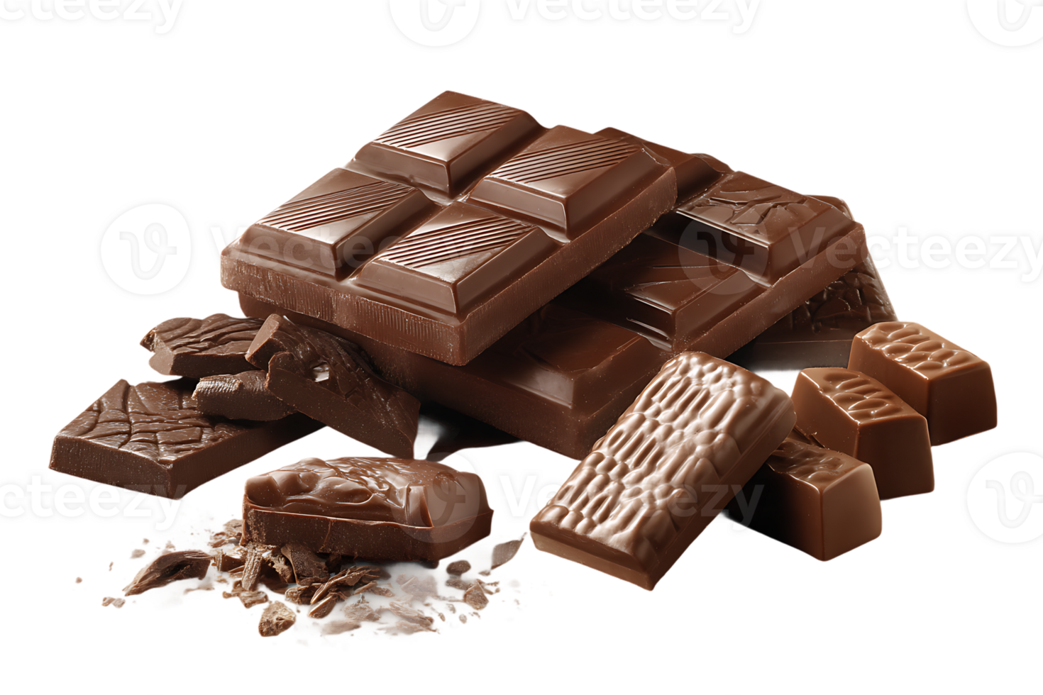 Pile of Various Pieces and Bits of Chocolate on Transparent Background png