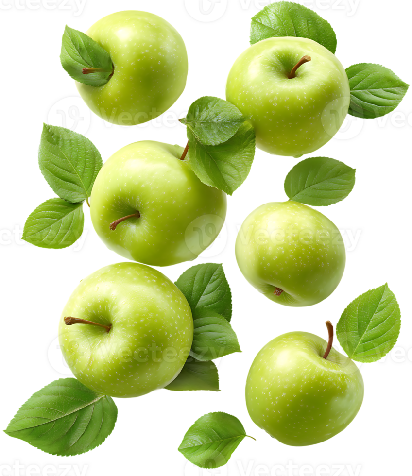 Floating Fresh Green Apples with Leaves Against a Transparent Background Isolated Concept png