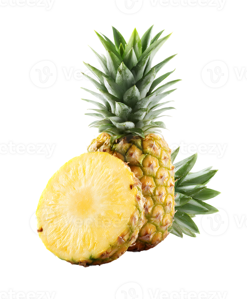 Pineapple Fruit Slices With Fresh Green Leaves Isolated On Transparent Background png