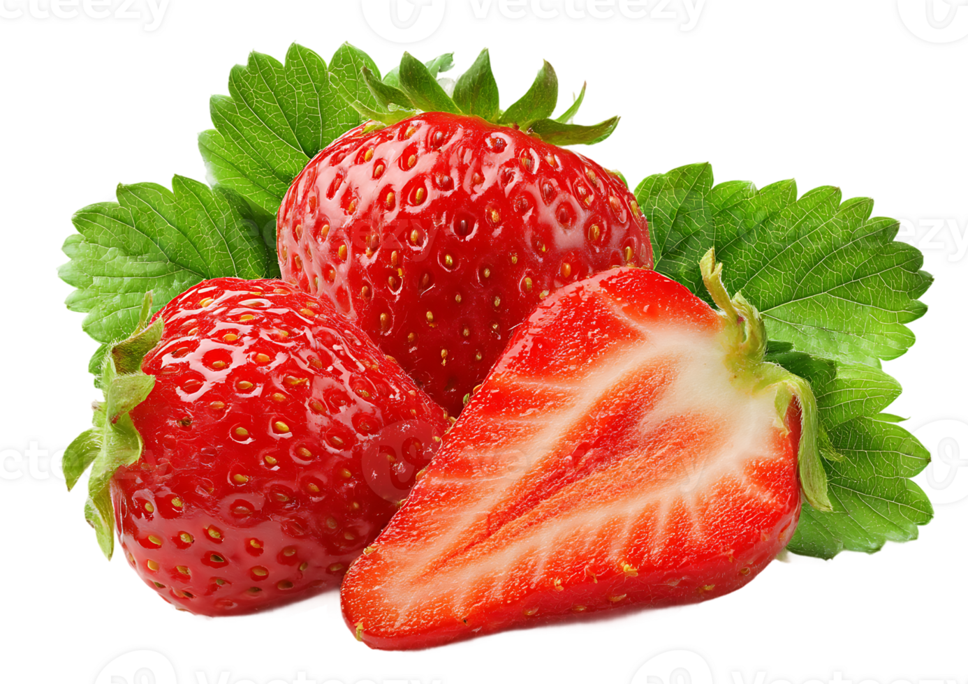 Ripe Strawberries with Green Leaves Isolated on Transparent Background Fresh and Juicy png