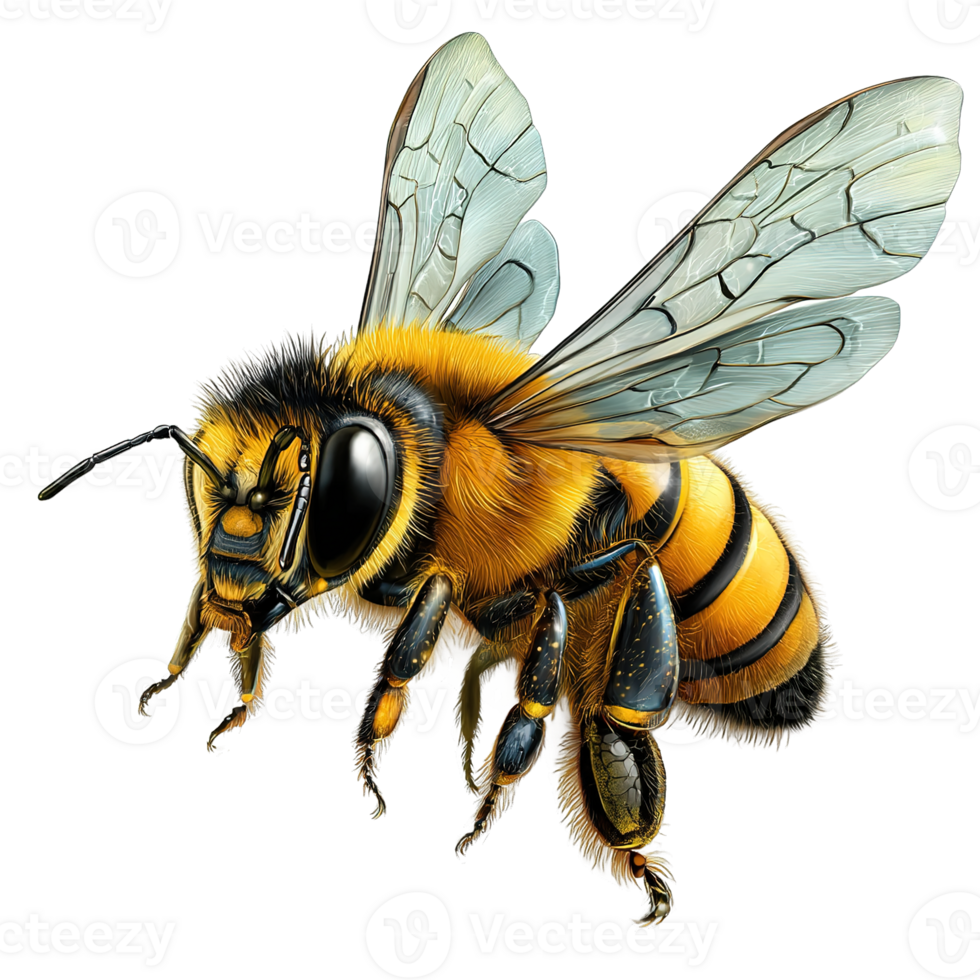 Honey Bee Flying Close Up with Transparent Background Isolated on Black Background png