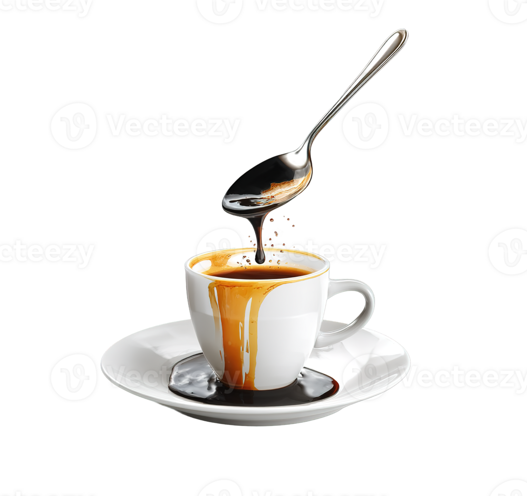 Cup of Coffee with Dripping Liquid Isolated on Transparent Background and Spoon png