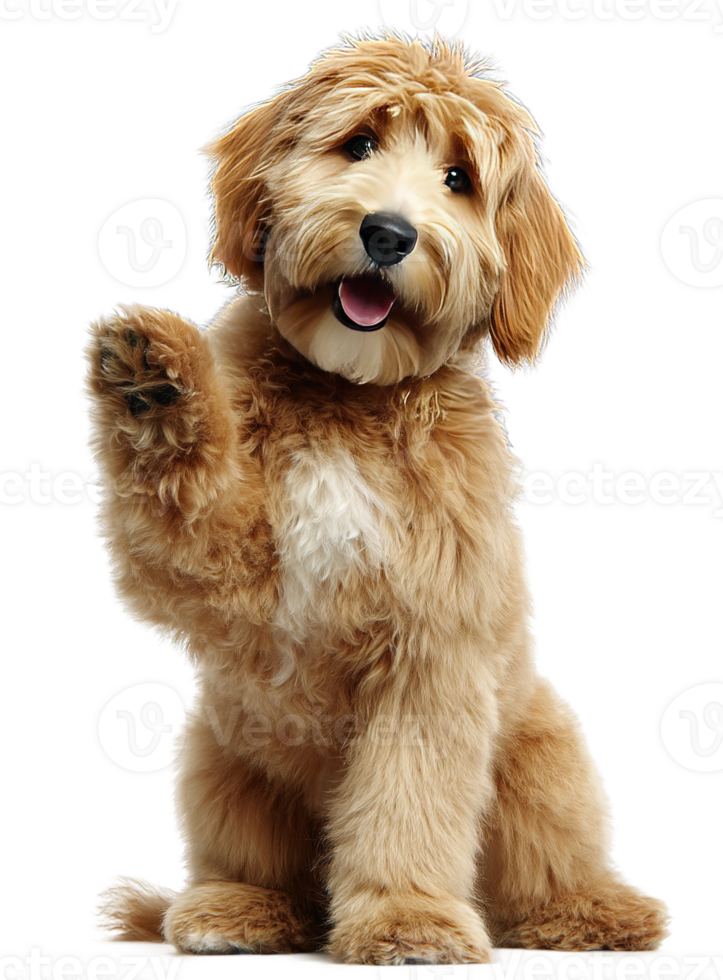 Cute Fluffy Goldendoodle Dog Waving Paw On Transparent Background Isolated Image png
