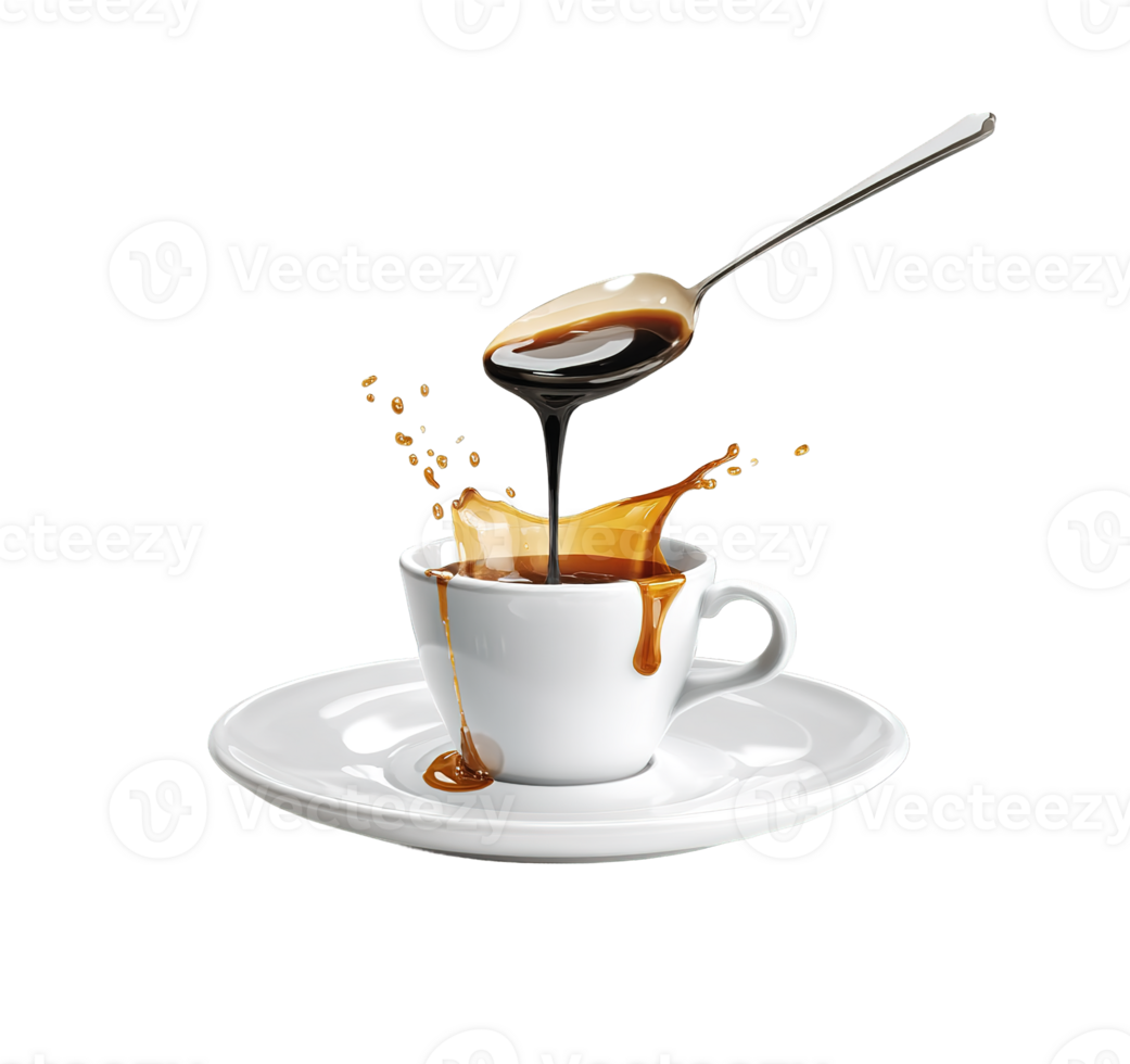 A Spoonful of Rich Liquid Drizzling into a Cup with Coffee on Black png