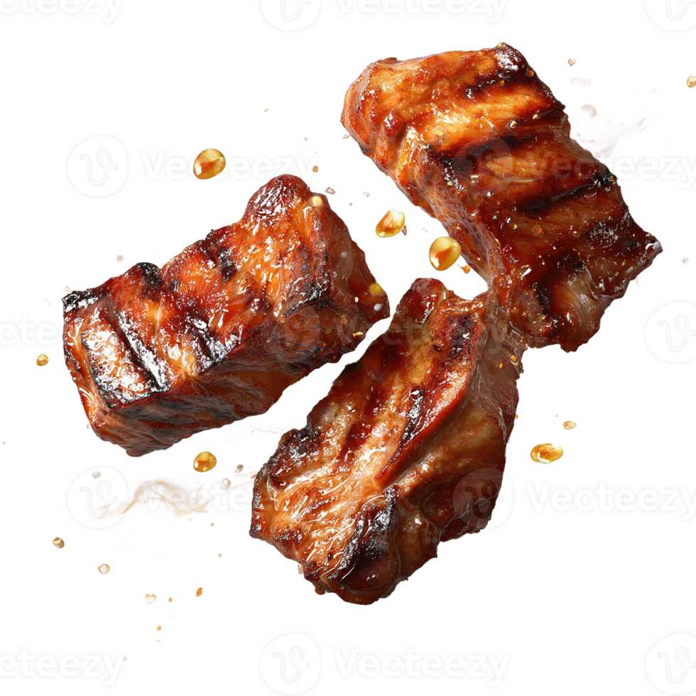 Three Cubes of Grilled Pork Belly with Sweet Soy Sauce on Isolated Background png