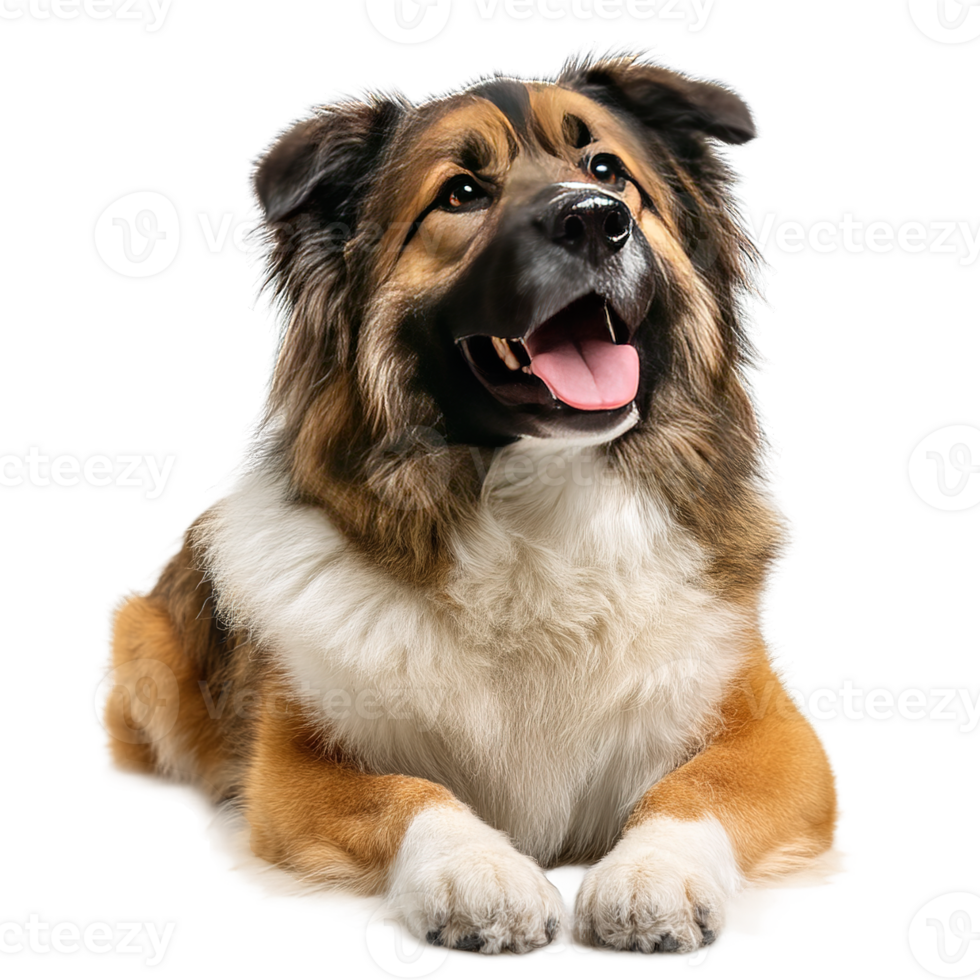 Adorable Dog With Fluffy Fur Lies Down Looking Up Isolated on Transparent Background png