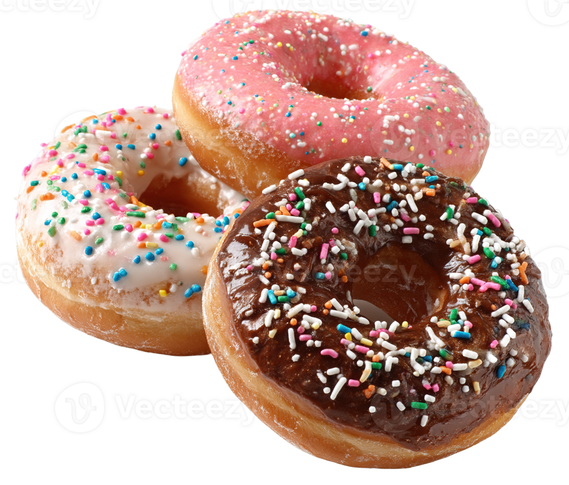 Three Delicious Donuts with Sprinkles Isolated on Transparent Background High Resolution Image png