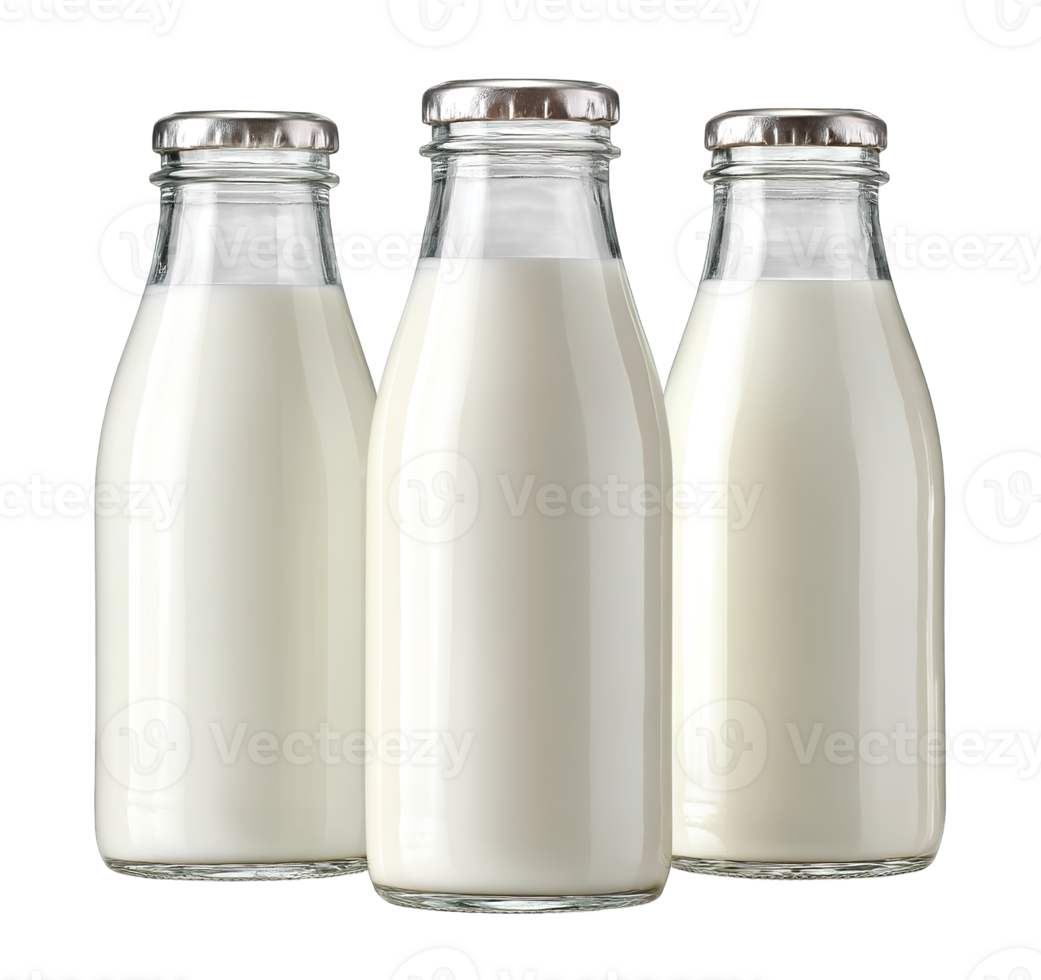 Three Glass Milk Bottles Fresh Dairy Drink Product Isolated On Transparent Background png