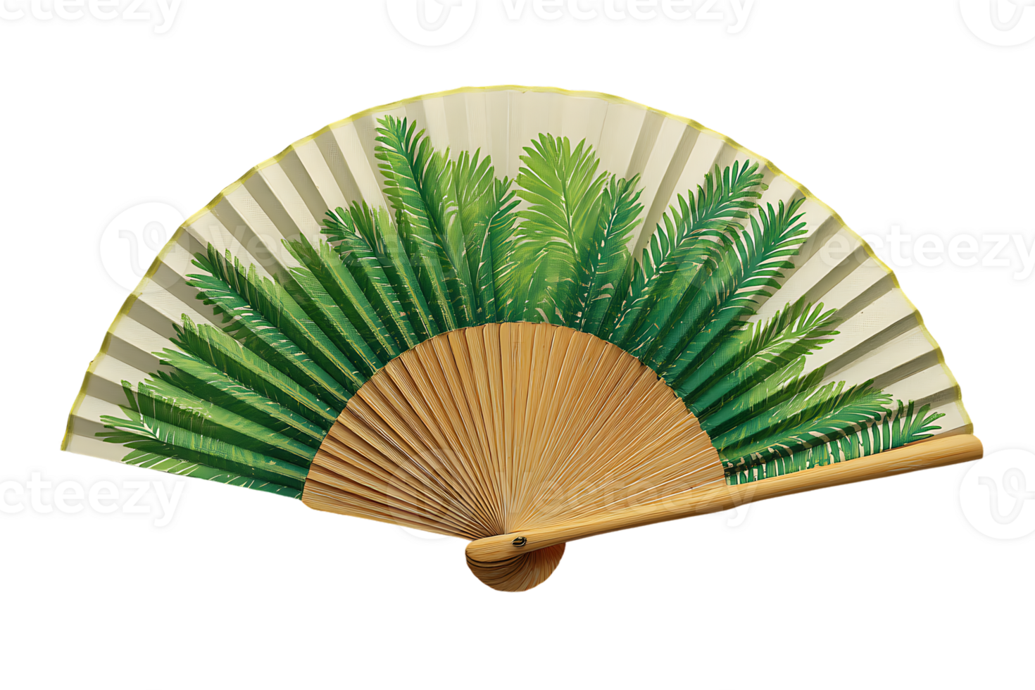 Beautiful Hand Fan with Green Foliage Design on a Transparent Background Isolated png