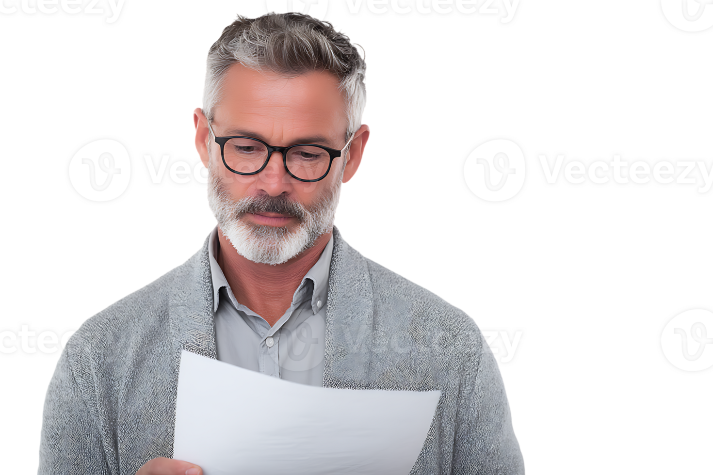Older Man Reading Paper with Gray Hair Transparent Background Isolated png