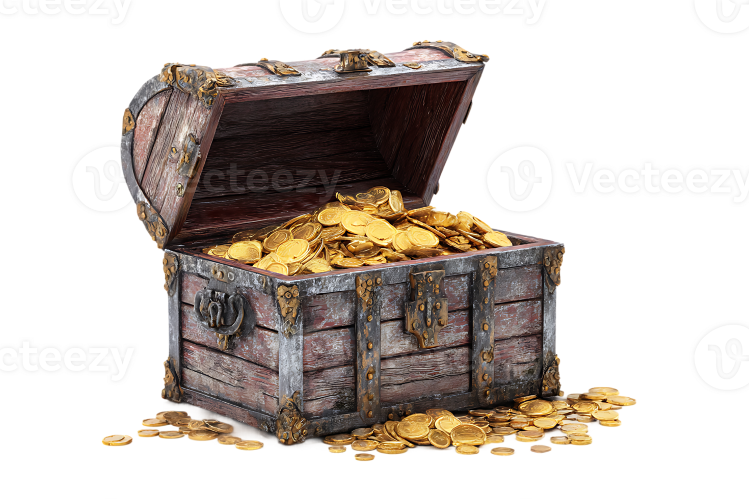 Old Wooden Treasure Chest Filled with Gold Coins Isolated on Transparent Background png
