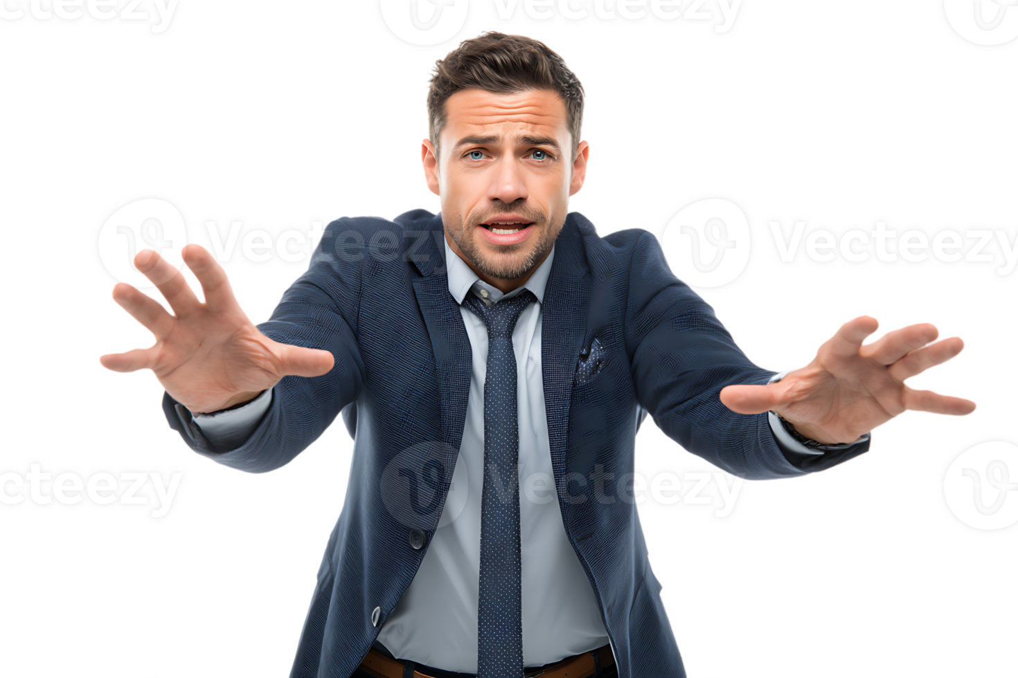 Scared Businessman Reaching Outward Trying to Protect Himself Transparent Isolated Background png