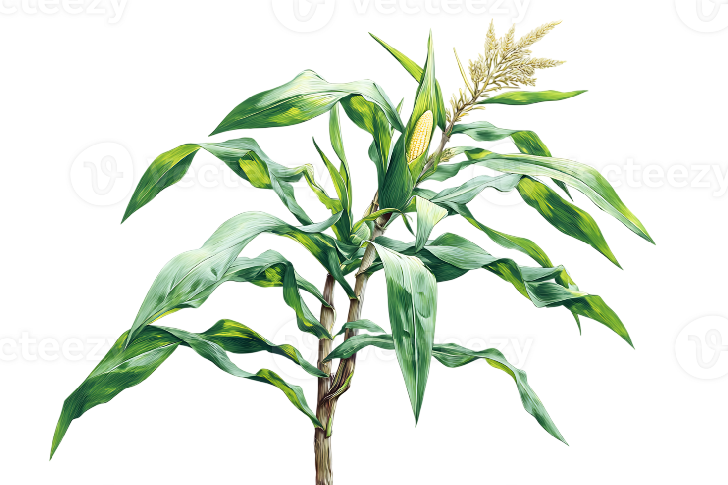 Corn Plant with Green Leaves and Corncobs Growing Isolated on Transparent Background png