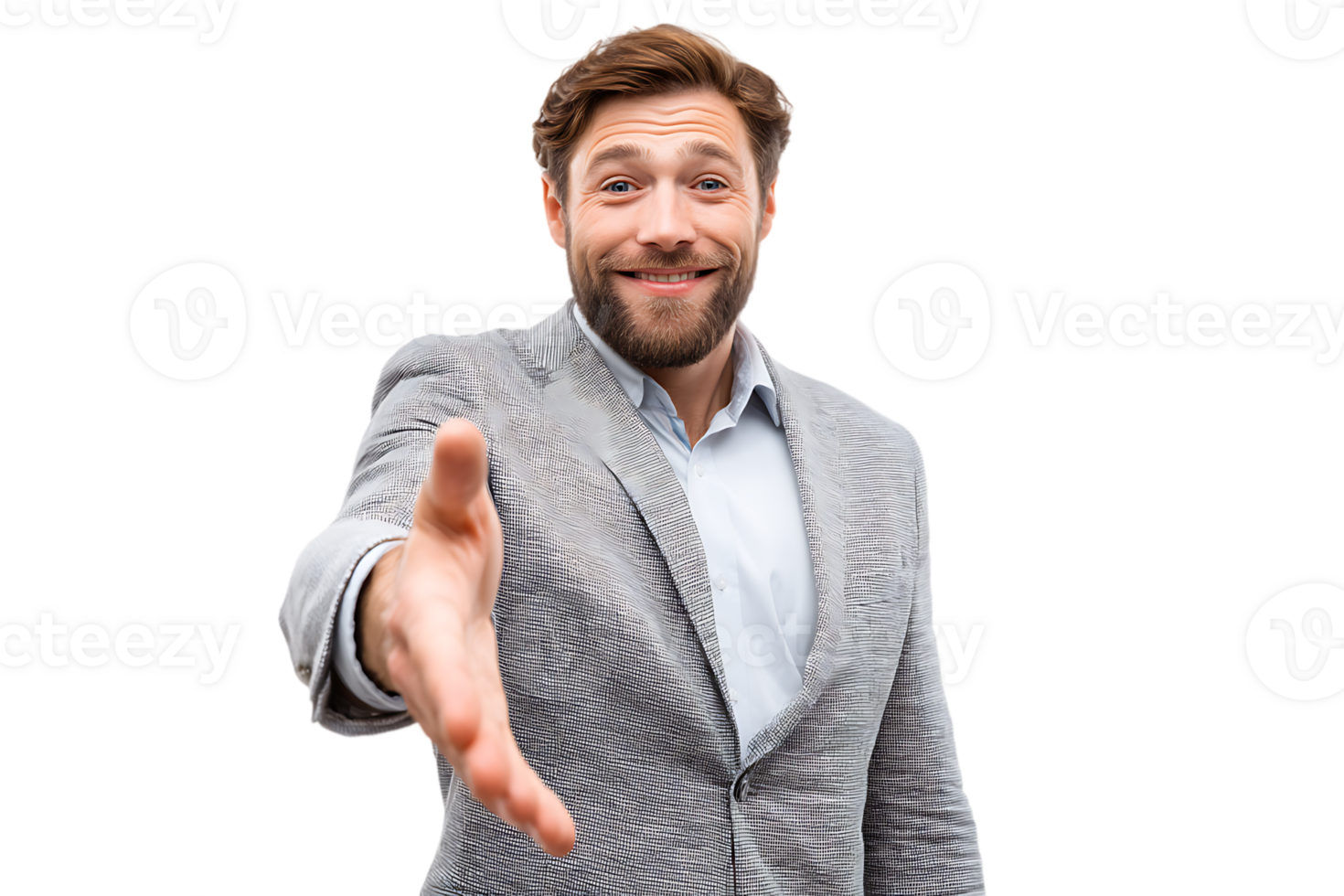Smiling Man in Patterned Suit Offering Handshake Gesture on Transparent Background Isolated Portrait png